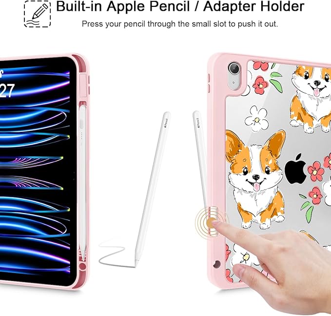 May Chen Case for iPad Air 13 Inch M4 2026 M3 2025 M2 2024 [Built-in Pencil Holder] Shockproof Cover with Clear Transparent Back Shell Auto Sleep/Wake Cover Corgi Dog Stripes