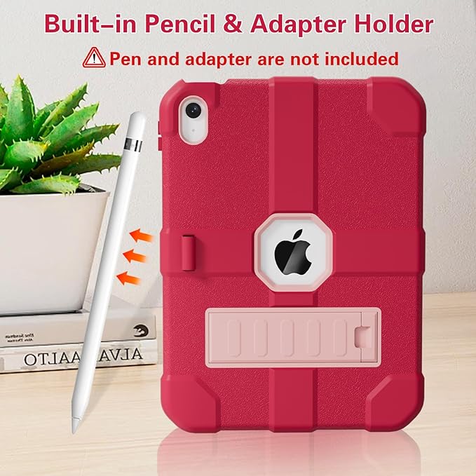 Case for iPad (A16) 11th Generation 11 Inch 2025 / iPad 10th Generation 10.9 Inch 2022 Rugged Heavy Duty Protective Cover [Built-in Pencil Holder ] for iPad 11/10 Gen (Rosered/Pink)