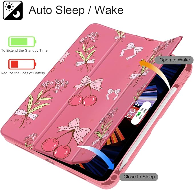 Tuiklol for 2025 iPad (A16 Chip) 11th Generation 11 inch/iPad 10th Generation 10.9 inch 2022 Case Buit in Pencil Holder with Clear Back Shell Cover Trifold Stand Auto Wake/SleepCherry Bow