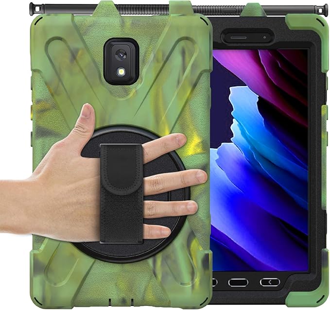 Case for Samsung Galaxy Tab Active 3 8 T570 T575 T577 Heavy Duty Shockproof Rugged 3 Layer Kids Durable Case with 360 Swivel Kickstand Shoulder Strap &amp Hand Strap (Camouflage)