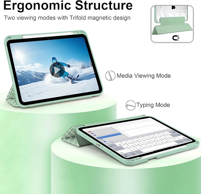 Case for iPad A16 11th Generation 11 inch 2025 iPad 10th Generation 10.9 inch 2022 -[Built-in Pencil Holder] Shockproof Clear Hard Back Trifold Stand Auto Wake/Sleep Green White dot