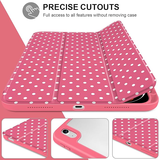 Case for iPad A16 11th Generation 11 inch 2025 iPad 10th Generation 10.9 inch 2022 -[Built-in Pencil Holder] Shockproof Clear Hard Back Trifold Stand Auto Wake/Sleep Rose red White dot