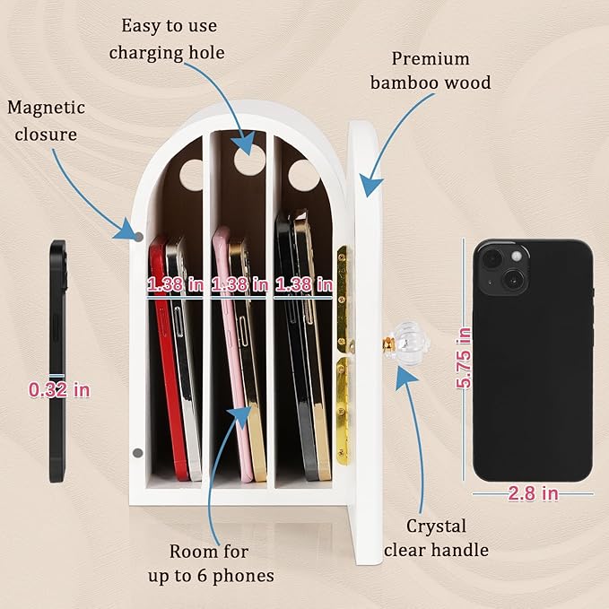 Phone Box for Family Time Bamboo Cell Phone Jail 3 Sections Hold 6 Phones with Charging Holes Phone Holder Self-Discipline Box Help Kids Adults Focus Back Mobile Phone Addiction (White)