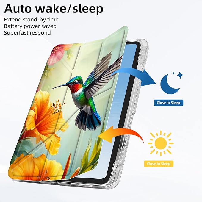 for iPad mini 7 A17 Pro 2024/iPad Mini 6 2021 Case with Pencil HolderFoldable Y-Shaped CoverStylish Clear Multi-Angle Viewing&ampAuto Sleep/Wake Hummingbird Flowers Tablet Case