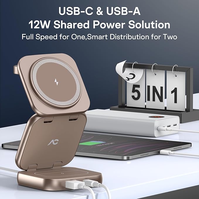 5-in-1 Wireless Charger for MagSafe AC ISLAND Portable Travel Charging Station 35W Max Fast Foldable Magnetic Stand Evolved for iPhone 17-12 &amp Air Series Apple Watch AirPods (with 35W Adapter