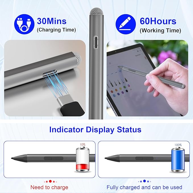Surface Pen for Surface Pro 13/12/11/9/10/8/X/7/6/5/4/3 Surface Pro Pencil with Precision Tip Palm Rejection Tilt Sensitivity Surface Stylus for Surface Go 3/Go 2/Book/Laptop 5 (Gray)