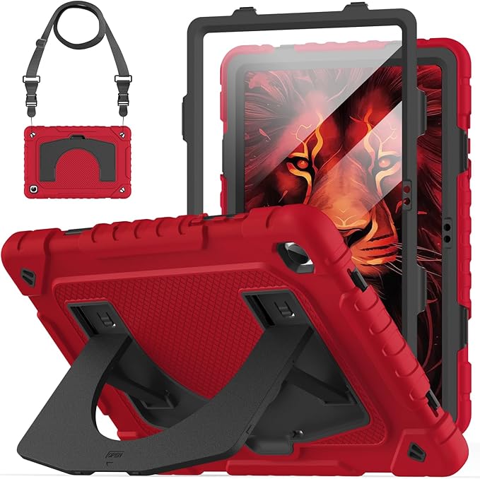 OKP Case for Samsung Galaxy Tab A9+ Plus 11 Inch 2023/ A11 Plus 2025 Shockproof Rugged 11 Galaxy A9+/ A11+ Tablet Protective Cover with Built-in Screen Protector Shoulder Strap Stand Red+Black