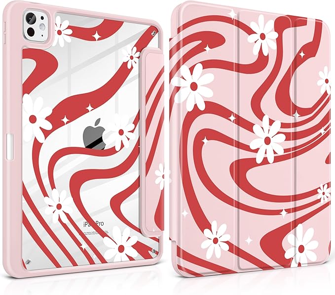 DONGKE for iPad Pro 11-Inch Case (M5 2025 / M4 2024) 6th/5th Generation [Auto Sleep/Wake &amp Pencil Pro Holder] Clear Acrylic Back Smart Trifold Stand Cover Swirl &amp Daisy