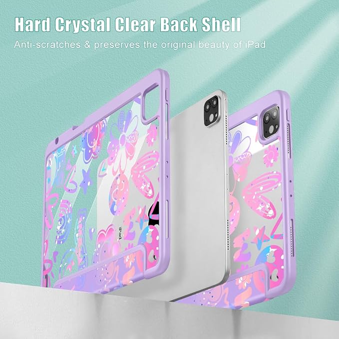 Tuiklol Case for iPad Pro 12.9 Inch M2 Case 2022 2021 2020 2018 Generation 6th/5th/4th/3rdBuilt-in Pencil Holder Clear Transparent Protective Back Shell Cover Fun Emotions Purple