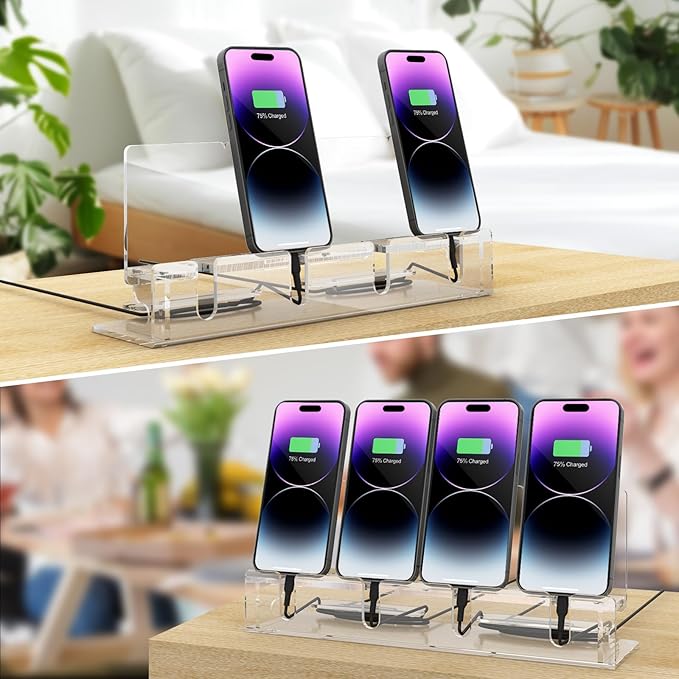 Cell Phone Stand Multiple Phone Holder Organizer Stand for 4 Phones Acrylic Desktop Mobile Phone Docking Station Charging Holder (Clear)