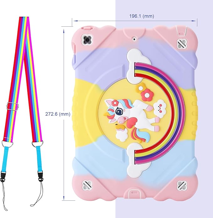 XZC Case for iPad 9th/8th/7th Generation 2021/2020/2019(10.2 inch) Unicorn Cute Cover Heavy Duty Shockproof Protective Case with Built-in Stand Strap for Kids Girls Women (Rainbow)