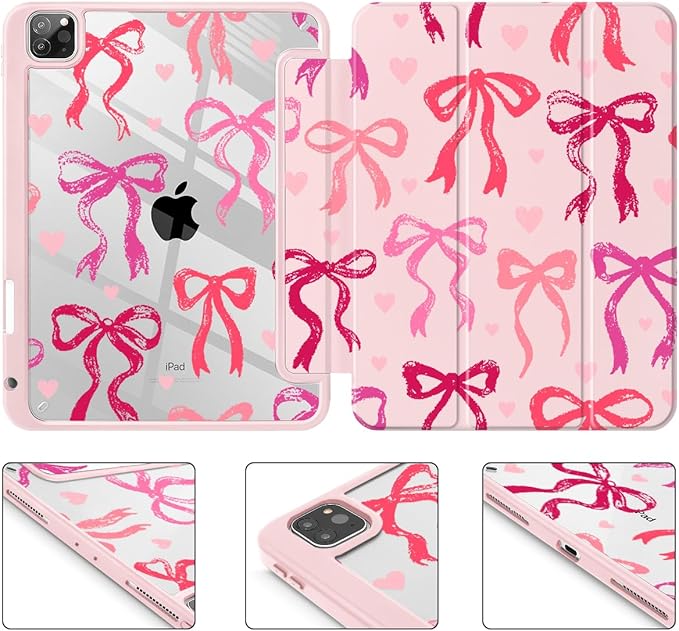 May Chen for iPad Pro 11 inch M2 4th Generation 2022 iPad Pro 11 3rd/2nd/1st Gen Case with Transparent Shockproof Back Cover [Built-in Pencil Holder Auto Sleep/Wake Bow Ribbon