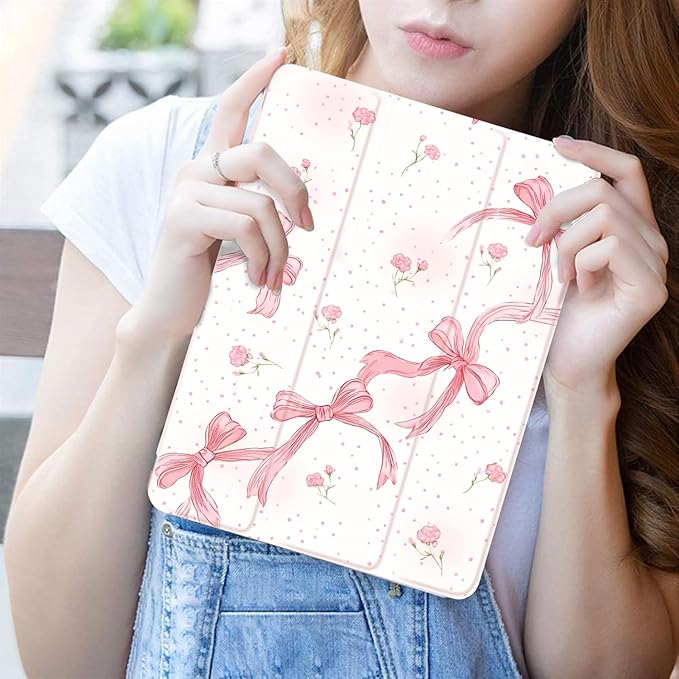JOYLAND Cute Pink Bow Case for iPad 9th/8th/7th Generation 10.2 inch (2021/2020/2019) with Pencil HolderTrifold Stand Protective Cover with Soft TPU BackPink