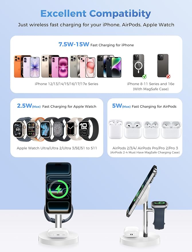 2026 3 in 1 Wireless Charging Station Compatible with MagSafe 15W Fast Magnetic Mag-Safe Charger Stand for Apple iPhone 17 16 15 14 13 12 Series iWatch AirPods Pro 4 3 2 SilverWhite