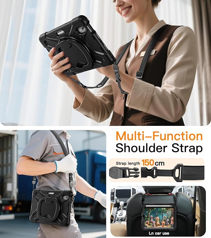 BATYUE Case for iPad mini 7 A17 Pro 2024/iPad Mini 6 2021 8.3 Inch with Pencil Holder 360 Rotating Stand Shoulder Strap Handle Grip Shockproof Rugged Case for iPad mini 7th/6th Gen Black