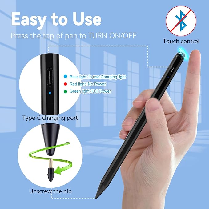 iPad 10th/9th/8th Generation 10.2 Stylus Pencil with Palm RejectionType C Charge 1.5mm POM Tip Active Drawing Writing Pen Compatible with Apple Pencil for iPad Pen 10.2-Inch 10th/9th/8th Black