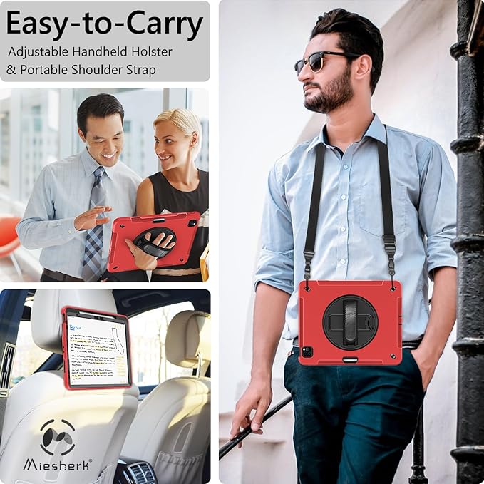 Miesherk Case for iPad Pro 12.9 Inch 6th/5th/4th Generation Military Grade Heavy Duty Shockproof iPad Pro 12.9 Case - Rotating Stand Pencil Holder Hand/Shoulder Strap Red