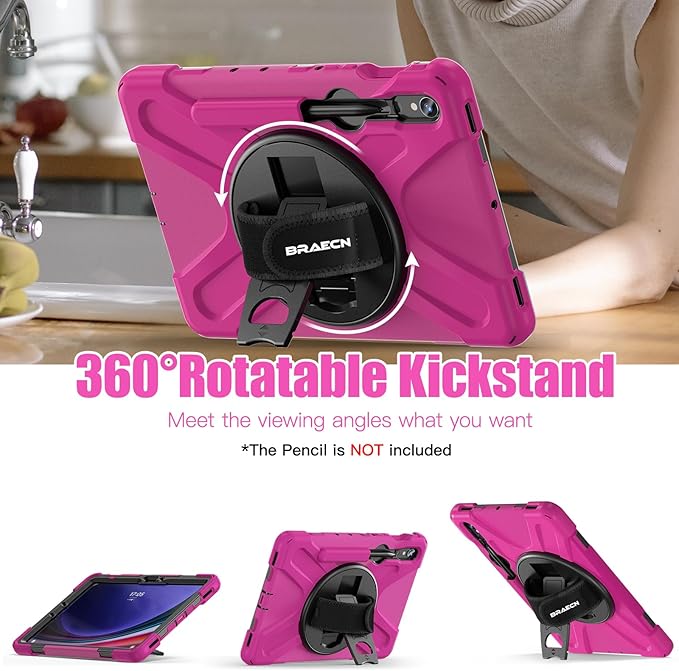 BRAECNstock for Samsung Galaxy Tab S10 Lite/ S10 FE/ S9 FE/ S9/ S8/ S7 5G Case 10.9/11 Shockproof Protective Kids Case with Pencil Holder Rotating Hand Strap &amp Stand Shoulder Strap Rose Red