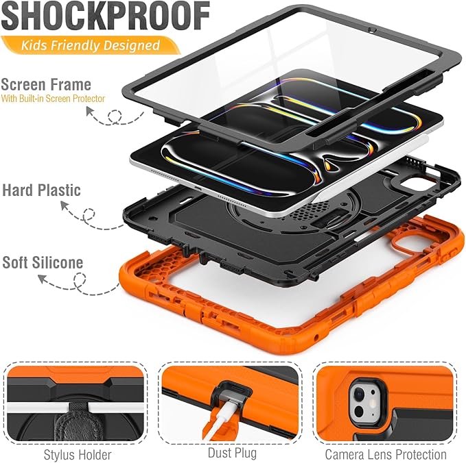 HXCASEAC for iPad Pro 11 Inch Case (M5/M4) 2025/2024 Shockproof Design with Pencil Holder Protector Rotating Stand Hand Strap Heavy Duty Protective iPad Pro11 6th/5th Generation Cover Orange