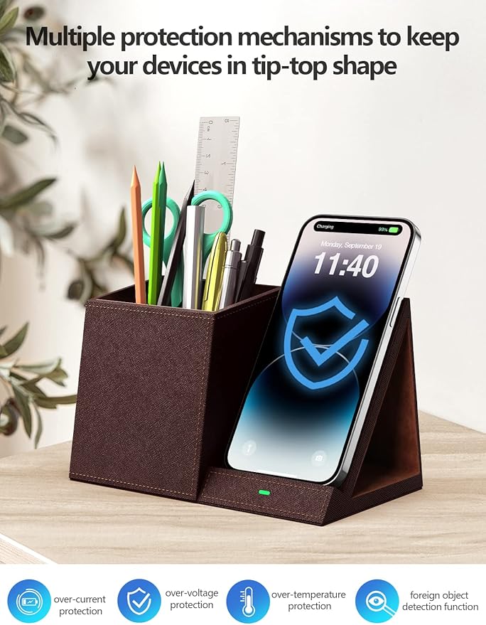 Pen Holder with Wireless Charger Compatible with iPhone 17/16/15/14/13/12/11/8 Series Pencil Holder Phone Stand for Desk Home Office Men Gift Husband Wife Anniversary Dad Birthday Idea Gadget