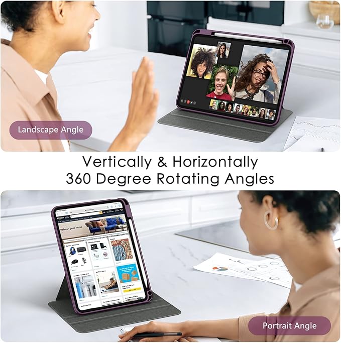 Soke Rotating Case for iPad (A16) 11th Generation 2025 iPad 10th Gen 2022 with Pencil Holder [Shockproof + Auto Sleep/Wake] 360 Degree Rotation Clear Back for iPad 11/10.9 - Purple