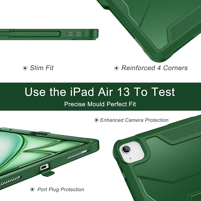 Soke Case for iPad Air 13-Inch M4 2026 M3 2025 &amp M2 2024with Built-in Screen Protector and Kickstand Rugged Full-Body Heavy Duty Protective Cover for Apple iPad Air 13 - Alpine Green