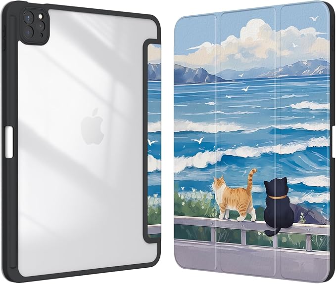 Case for iPad Air 13 Inch M3 2025/M2 2024 iPad Pro 12.9 inch 6th /5th /4th/ 3rd Generation (2022/2021/2020/2018) Stand Case Cover with Pencil Holder/Clear Back Auto Sleep/Wake Cute Cat