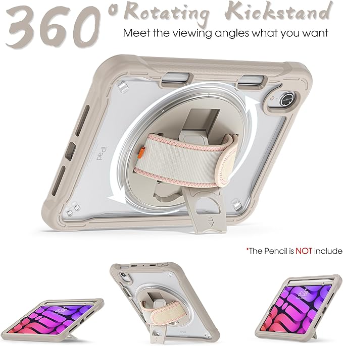 BRAECNstock Case for iPad mini 7 (A17 pro) 2024 &amp Mini 6 2021 8.3-inchShockproof Protective Cover with Pencil HolderScreen Protector360° Rotating Hand Strap/Stand-Khaki