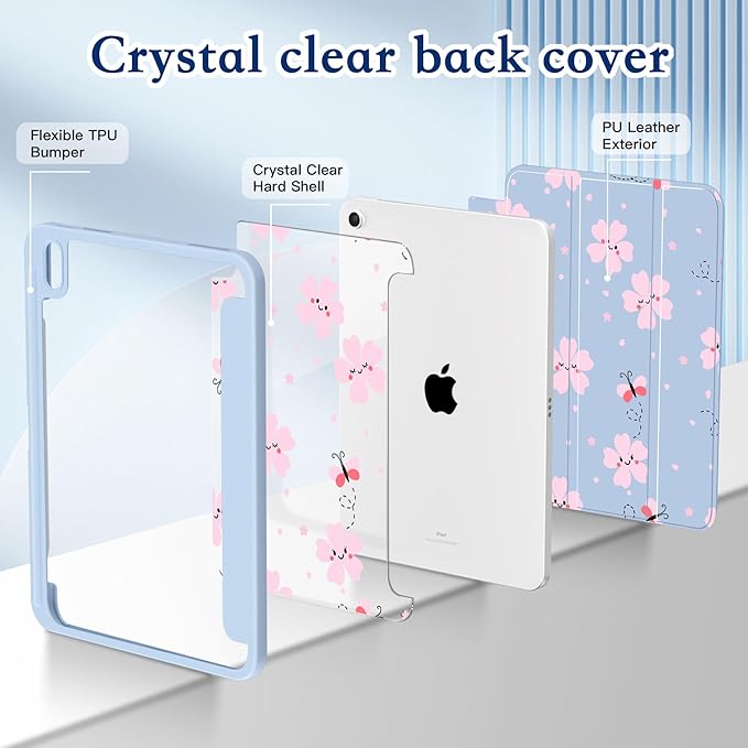 CISSOOK Case for iPad (A16) 11th Generation 11 inch 2025 iPad 10th Generation 10.9 inch 2022 Print Slim Stand Protective Cover with Hard PC Translucent Back Shell Cover Blue Cute Flower