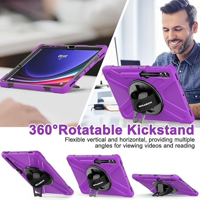 BRAECN for Samsung Galaxy Tab S10+ Plus/S9+/S9 FE + /S8+ Plus/S7 +Plus /S7 FE 12.4 InchHeavy Duty Shockproof Case with S Pen Holder&amp360 Rotating Hand Strap/Kickstand/Shoulder Strap -Purple