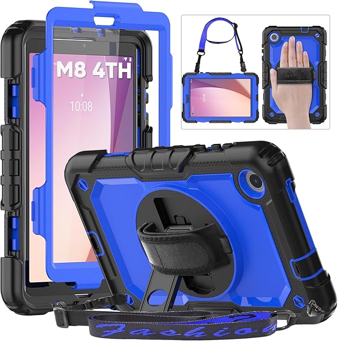 HXCASEAC Case for Lenovo Tab M8 4th Gen 2024/2023 (TB-301FU TB-300FU) with Screen Protector/Rotating Hand Strap/Sturdy Stand Protective HD Cover for Lenovo M8 Tablet Case 8 inch Blue
