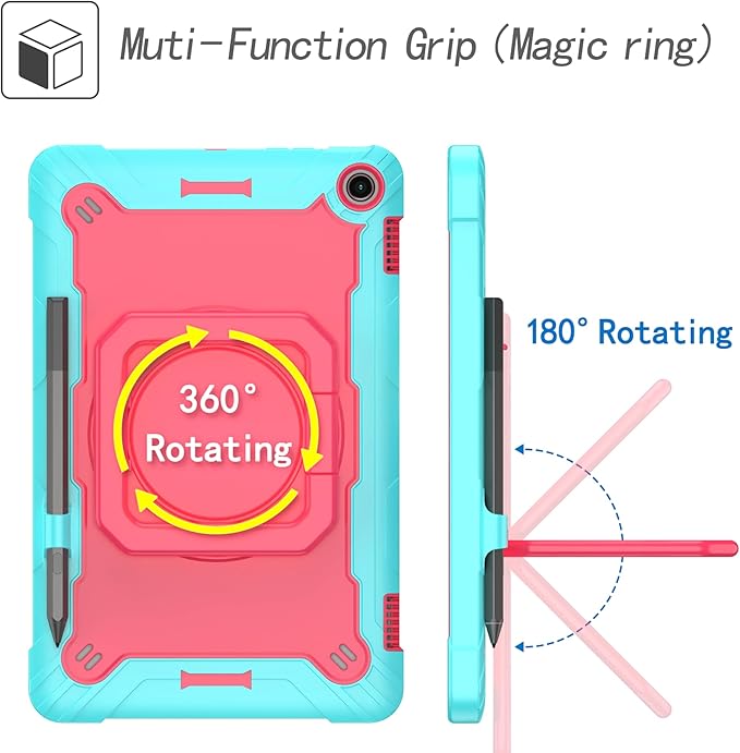 Case for Amazon Fire Max 11 inch Tablet (13th Generation 2023 Release) Hybrid Shockproof 360 Rotating Multi-Functional Ring Stand Case with Shoulder Straps (Teal/Pink)