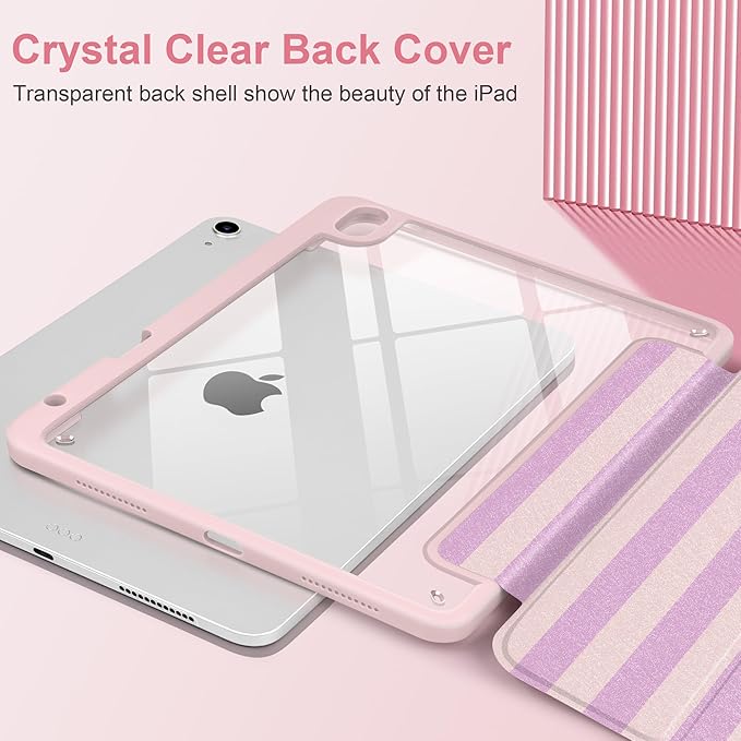 DONGKE Case for iPad Air 11-inch M4 2026 &amp M3 2025 &amp M2 2024 iPad Air 5th/4th Generation 10.9 2022/2020 [Built-in Pencil Holder] Clear Acrylic Back Trifold Stand Smart Cover Pink Stripes