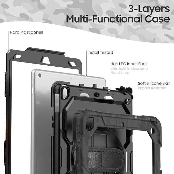 Case for iPad 9th/ 8th/ 7th Generation 10.2'' Shockproof 360° Rotating Hand Strap &amp Kickstand Protective Cover with Screen Pencil Holder for iPad 10.2 inch 2021-2019 Camo Black