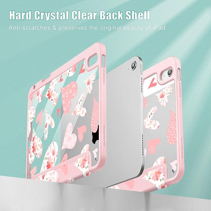 Tuiklol for 2025 iPad (A16 Chip) 11th Generation 11 inch/iPad 10th Generation 10.9 inch 2022 Case Buit in Pencil Holder with Clear Back Shell Cover Trifold Stand Auto Wake/SleepHearts Flower