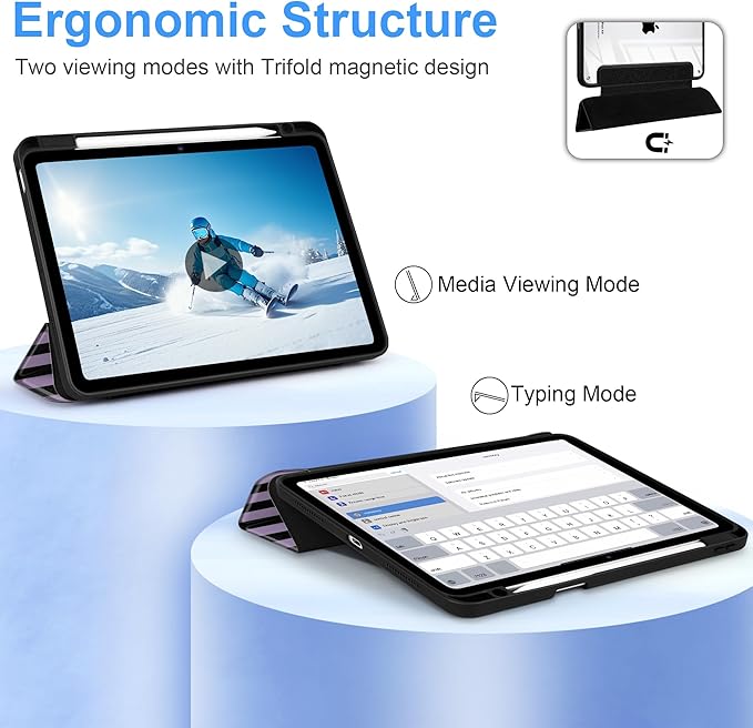 DONGKE Case for iPad Air 11-inch M4 2026 &amp M3 2025 &amp M2 2024 iPad Air 5th/4th Generation 10.9 2022/2020 [Built-in Pencil Holder] Clear Acrylic Back Trifold Stand Smart Cover Purple Stripes