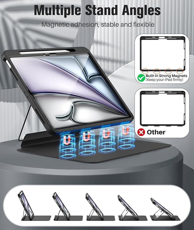 MoKo for iPad Air 13-Inch Case (M4/M3/M2) 2026/2025/2024 with Pencil Holder Heavy Duty 13 Inch iPad Air Case with Screen Protector Clear Back Lens Protector Multi-Angle Magnetic Stand Black
