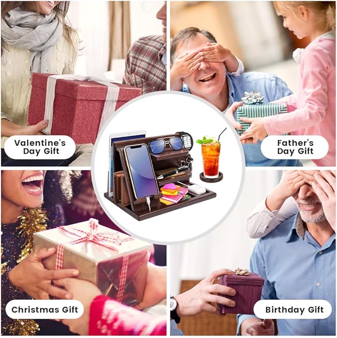Wood Phone Docking Station - Gifts for Men Desk or Nightstand Organizer - Birthday Gifts for Husband Fathers Day for Dad - Anniversary Idea from Wife - Key Holder Stand Wallet Watch &amp Essential