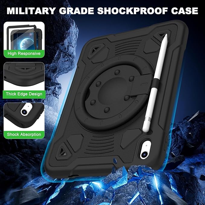 Case for iPad (A16) 11th Generation 11 Inch 2025/iPad 10th Generation 10.9 Inch 2022 with Built-in Screen Protector 360°Rotating StandShoulder Strap Full Body Heavy Duty Protective Cover (Black)