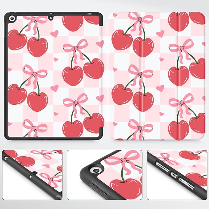 Mektron Designed Printed iPad 10.2 Case 9th Gen (2021)/ 8th Gen (2020)/ 7th Gen (2019) with Pencil Holder Slim Stand Protective Case with Soft TPU Back for iPad 10.2 Inch Cherries Bows C353
