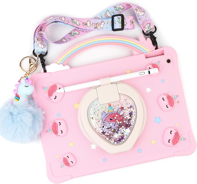 [Super Cute Rainbow Handle Unicorn Case] Compatible with ipad 7 2019 Case Cover for Kids Girls with Hand Strap and 360° Rotating Stand - Pink