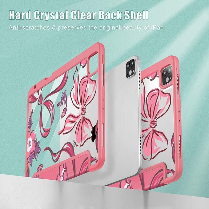 Mektron Case for iPad Pro 11 inch (4th 3rd 2nd &amp 1st Gen) 2022 2021 2020 2018 Buit in Pencil Holder with Shockproof Cover Clear Shell + Auto Wake/Sleep Flowers-Bows-Red