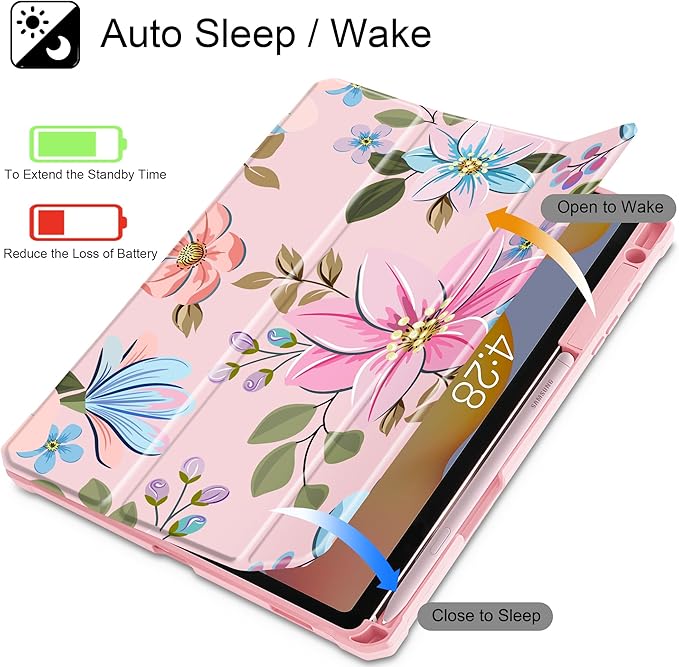 Tuiklol for Samsung Galaxy Tab S6 Lite 10.4 inch 2024 2022 2020Buit in S Pen Holder with Shockproof Protective Cover Clear Transparent Back Shell Auto Wake/Sleep Tones Flowers
