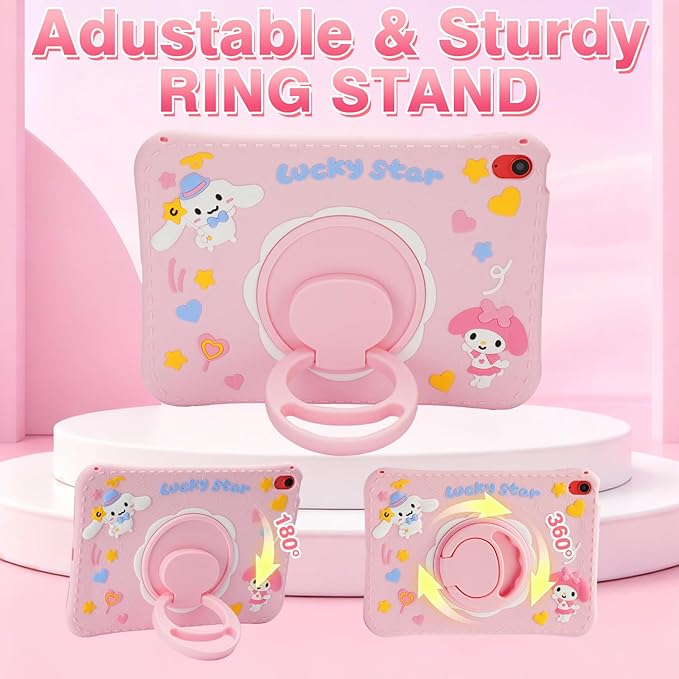 Kids iPad Case for A16 11th Generation 11 Inch 2025 &amp 10th Generation 10.9 Inch 2022 Pink Cute 3D Cartoon Design with 360 Rotatable Kickstand Adjustable Strap Shockproof Protective Cover for Gi