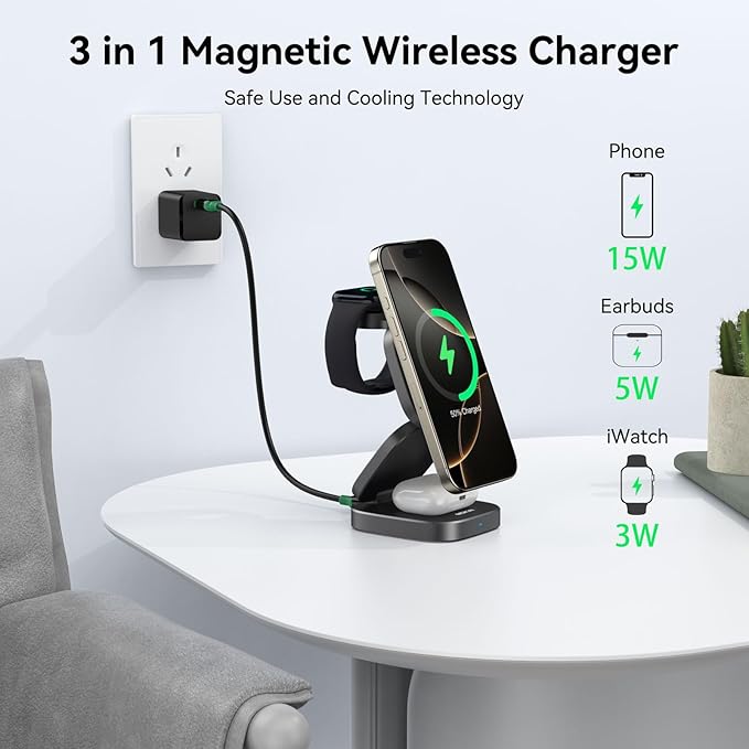 Wireless Charging Station for Multiple Devices 3 in 1 Travel Charger Dock Foldable Magnetic Stand Compatible with MagSafe Qi2 iPhone 17 16 15 14 13 12 Air Apple Watch Series &amp Air pods 4 3 2 P