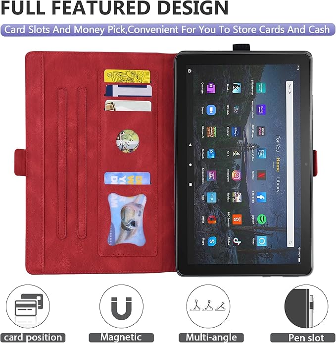 Dteck Case for All-New Amazon Fire HD 10 Tablet 13th Generation 2023 10.1 HD 10 &amp 10 Plus Tablet 11th Generation 2021 CoverMulti-Angle Stand Slim Folio Shockproof Protective Wallet Case Red