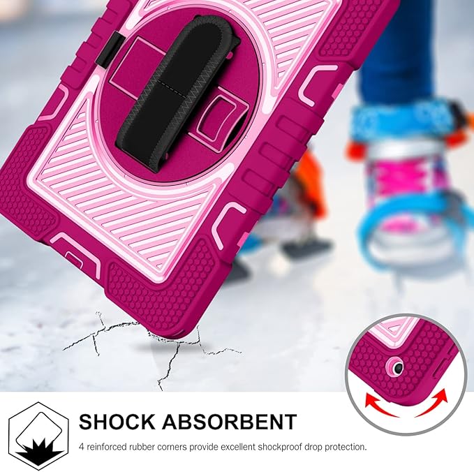 Shockproof Case for iPad 9th/8th/7th Generation 10.2 with Shoulder Strap Techcircle Heavy Duty Rotating Kickstand Hand Strap Rugged Defender Protective Case w/Pencil Holder Rose+Pink