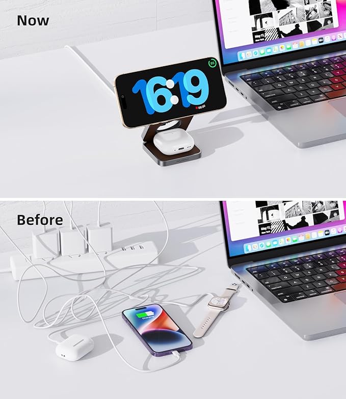 Foldable Magnetic Wireless Charger KU XIU Aluminum Alloy 3 in 1 Charging Station for Apple Fast Charging Travel Charger for iPhone 17 16 15 14 13 5W for Apple Watch Ultra AirPods Leather Texture