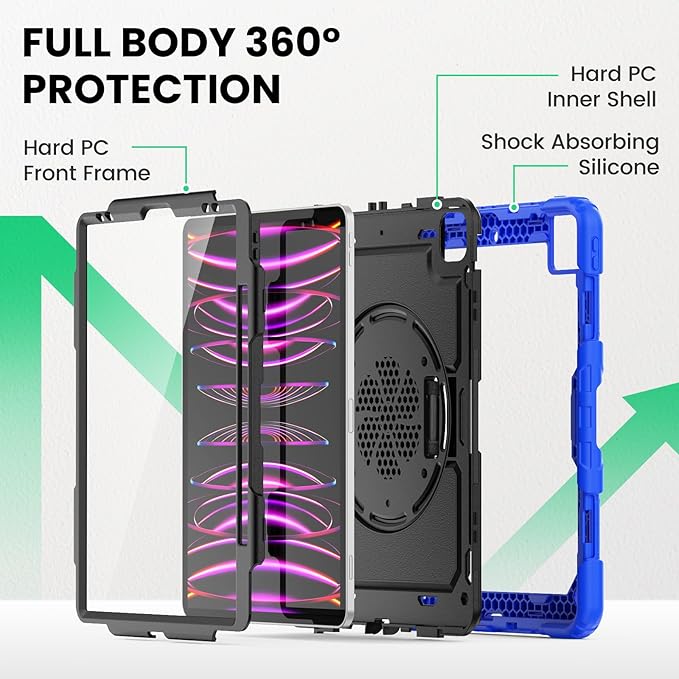 SEYMAC Case for iPad Pro 12.9 2022/2021/ 2020/2018 Heavy Duty Protection Shockproof Case with Screen Protector 360° Rotating Stand/Handle/Shoulder Strap Supports Pencil 2 Charging Blue