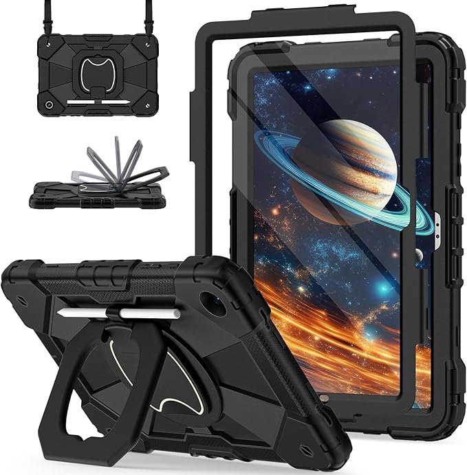 for Galaxy Tab A11+ Plus/A9+ Case 11” Rugged Case for Samsung Galaxy A11 Plus/ A9 Plus Tablet with 360 Rotating Stand Screen Protector Shoulder Strap Pen Holder 2025/2023 Model Black